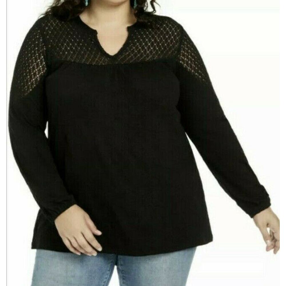 New Style & Co Womans Sz 2X Plus Blouse Black Crochet Trim Lace Top NWT